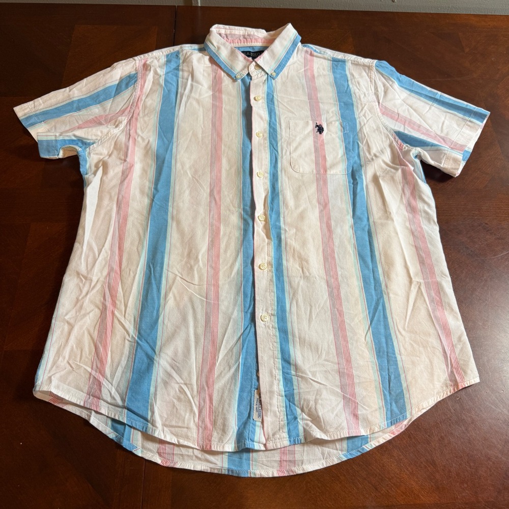 US Polo Assn Mens XL Short Sleeve Button Down Shirt Blue Pink Striped Cotton